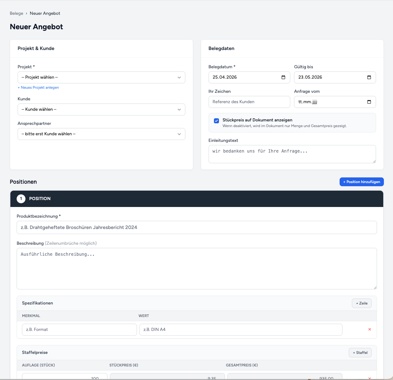Création de devis Druck Manager avec positions, spécifications et tarifs dégressifs