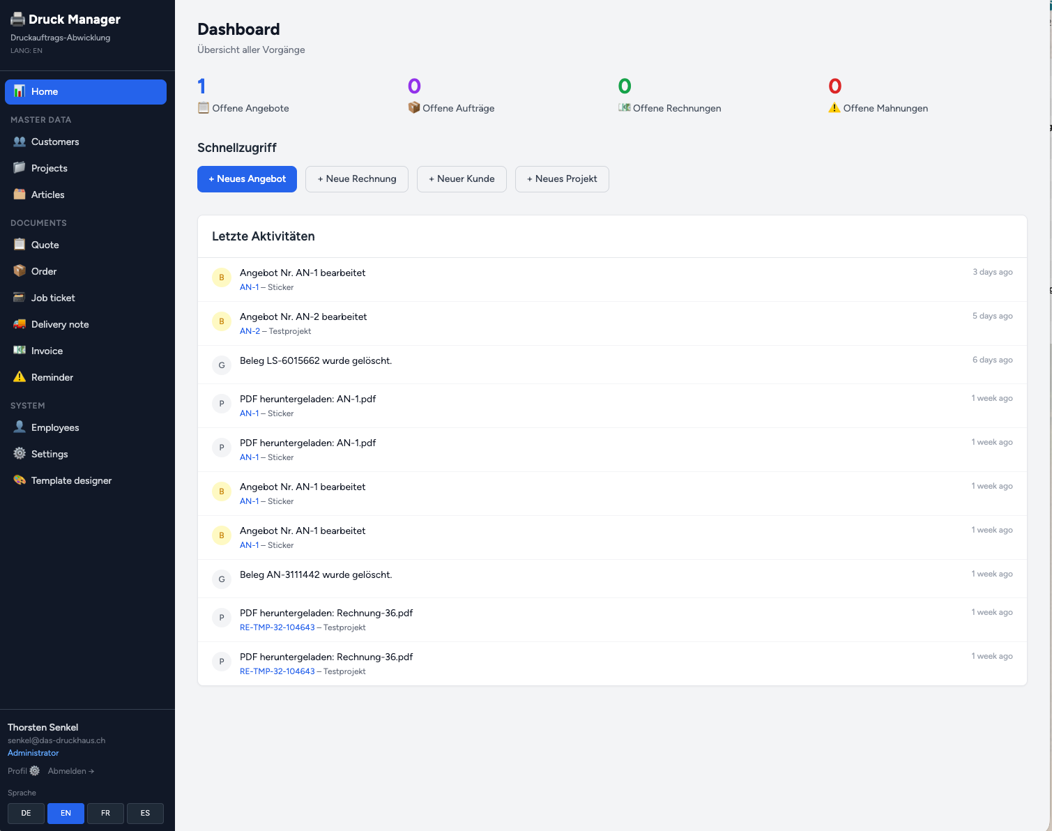 Tableau de bord Druck Manager avec aperçu des devis, commandes, factures et rappels