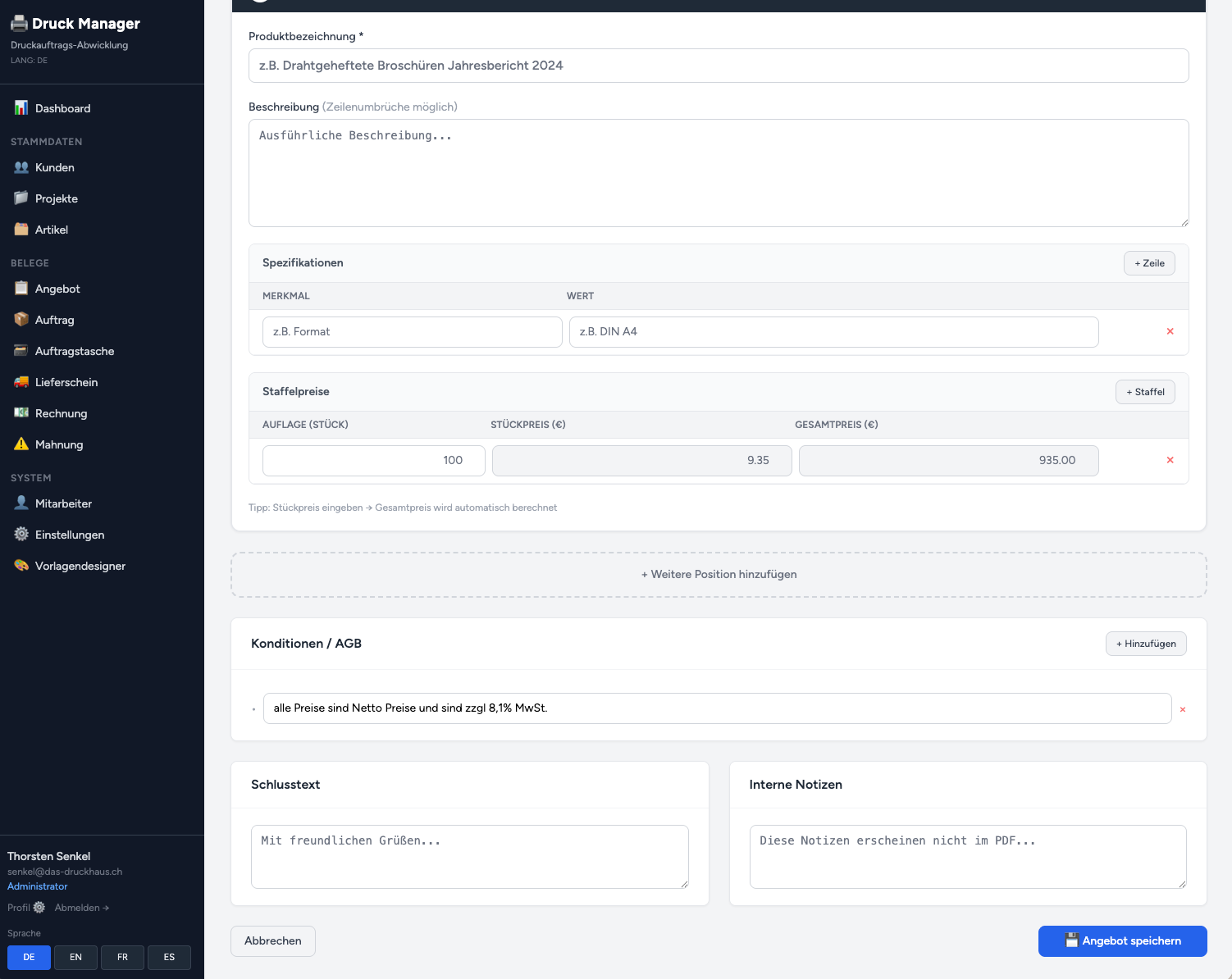 Tarifs dégressifs Druck Manager – barèmes de prix par quantité pour chaque position d'impression